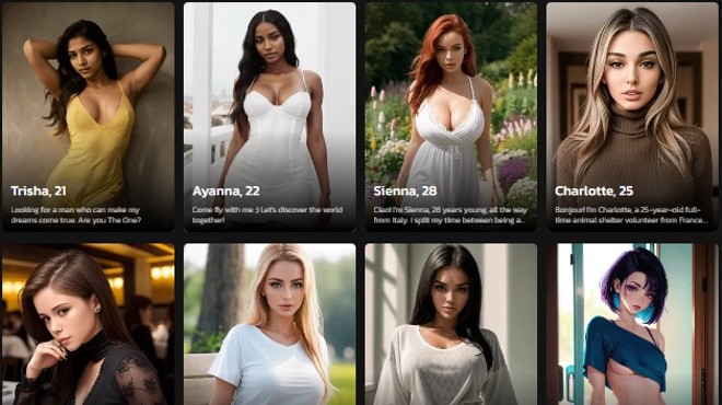 A website screenshot with a series of artificial-intelligence-generated images of synthetic female companions