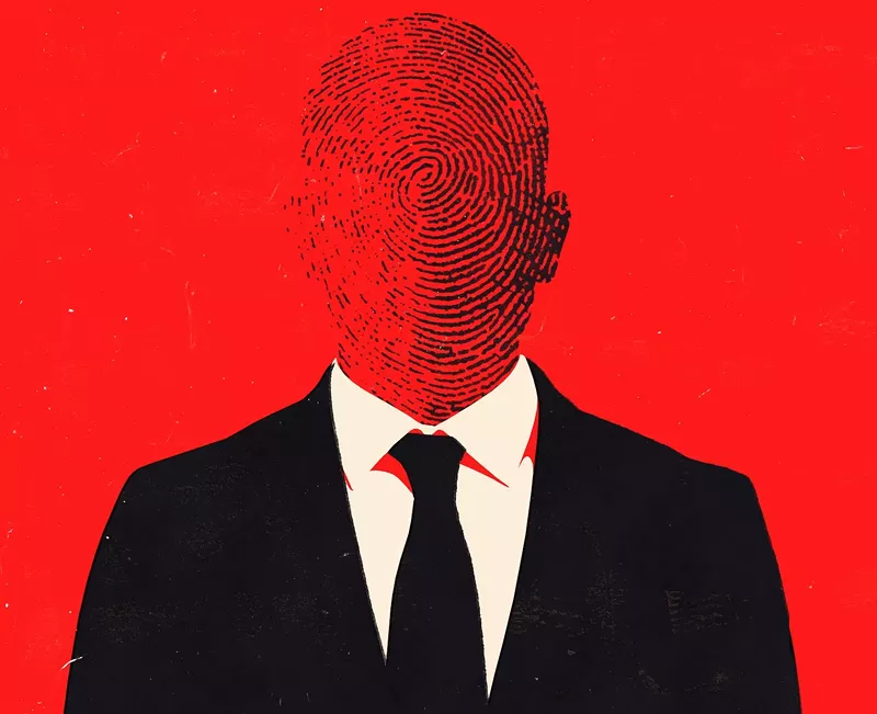 Image: a person in a formal suit with a fingerprint pattern superimposed where the head should be, rendered in black against a red background.