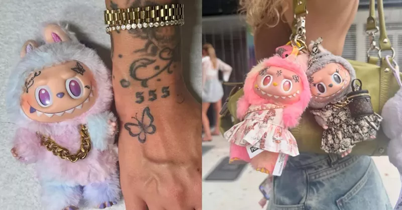 Image: Photos of tattooed Labubu dolls.