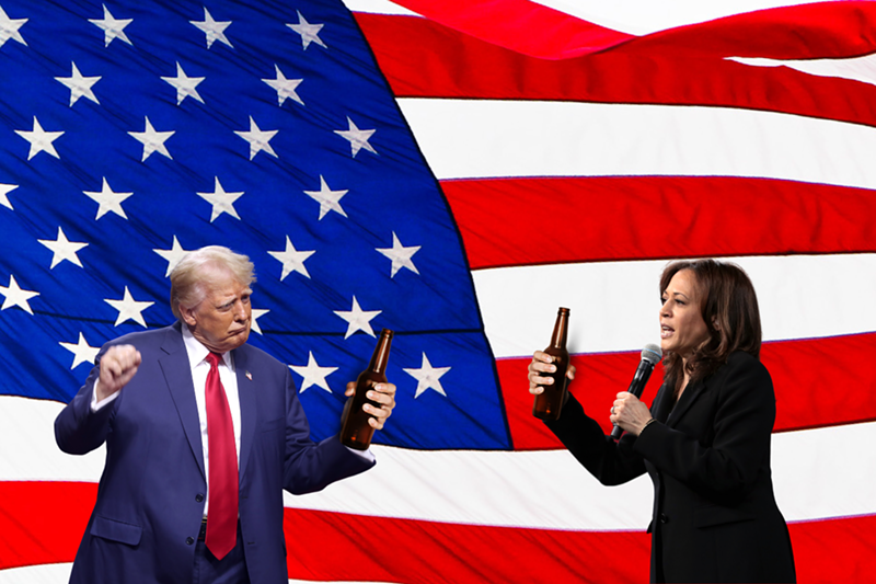 Image: Donald Trump and Kamala Harris pound brewskis in front of an American flag, with lotsa crushed beer cans piled up between them