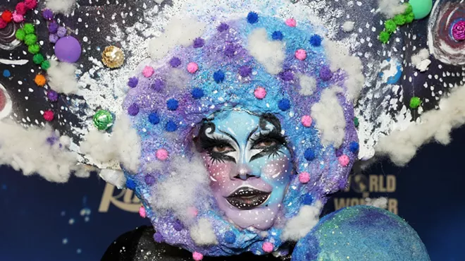 close-up of drag performer Lucky Starzzz in face paint and wig