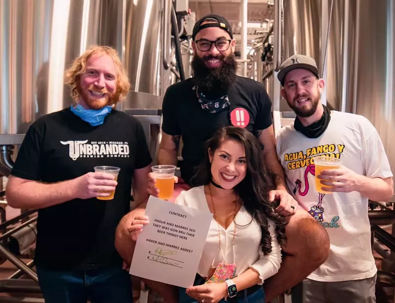 Image: Shōjō Beer Co. cofounders Haidar Hachem (black T-shirt and glasses) and Marilyn Orozco (front and center) alongside Unbranded Brewing's Zach Swanson (left) and Lance Aschliman (right).