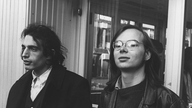 Black and white photo of a young Walter Becker and Donald Fagen of Steely Dan