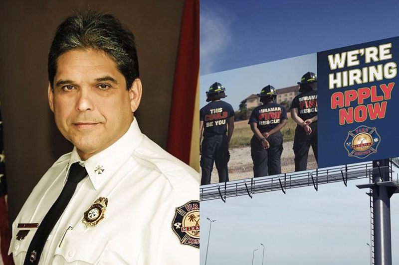 Image: Former Miramar fire chief Ray Perez in uniform next to a Miramar Fire Rescue billboard that says, "We're Hiring Apply Now"