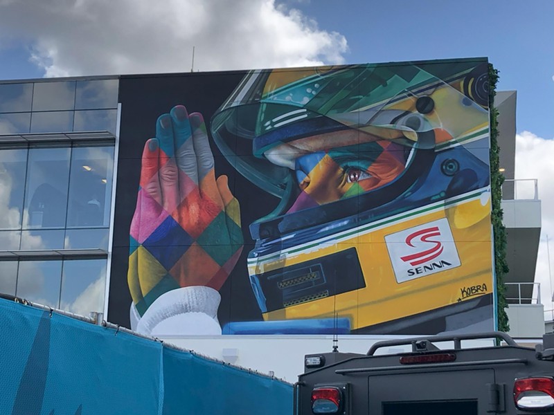 A mural depicting Ayrton Senna by Eduardo Kobra at the Miami International Autodrome. The painting was unveiled ahead of the 2024 Miami Grand Prix.