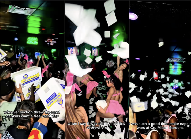 Image: three screenshots of a TikTok video showing napkins flying around a nightclub