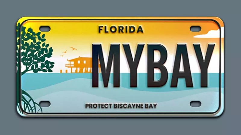 Image: A "Protect Biscayne Bay" license plate features a sunset scene in orange and blue.