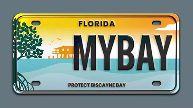 A "Protect Biscayne Bay" license plate features a sunset scene in orange and blue.
