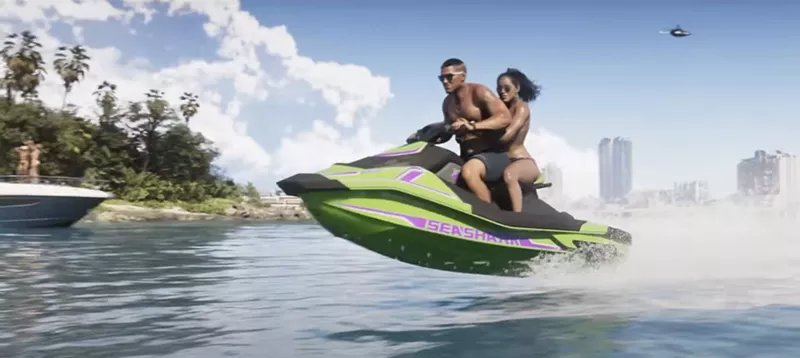 Image: video game screenshot of a couple airborne on a jet ski