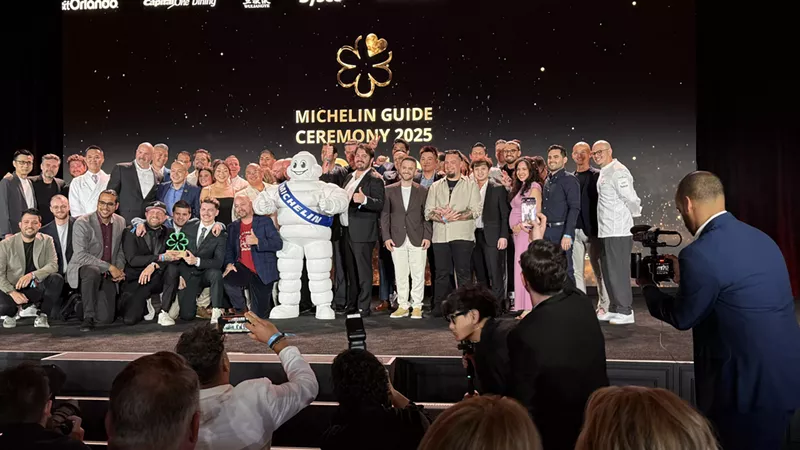 Image: The full list of winners on the stage at the 2025 Florida Michelin Guide Awards in Orlando, Florida, on April 17.