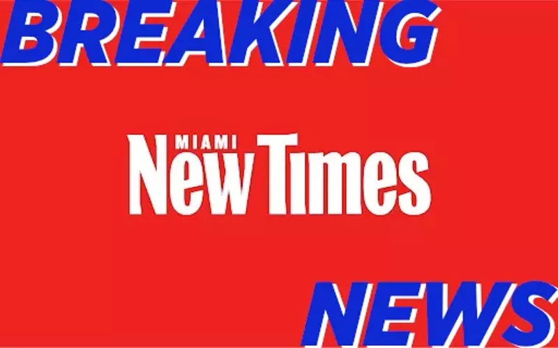 Image: Miami New Times logo in white on red background with BREAKING NEWS added in blue