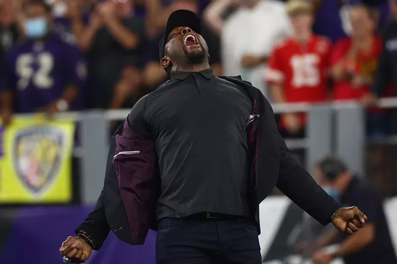Image: Hall of Fame linebacker Ray Lewis yells out prior to a Baltimore Ravens game against the Kansas City Chiefs on September 19, 2021.