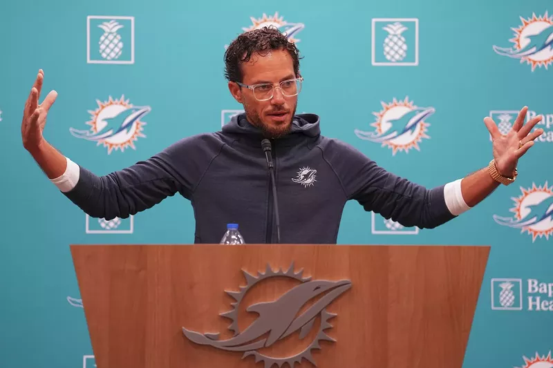 Image: Miami Dolphins head coach Mike Mcdaniel speaks to the media prior to a joint practice with the Atlanta Falcons on August 07, 2024 in Miami Gardens, Florida.