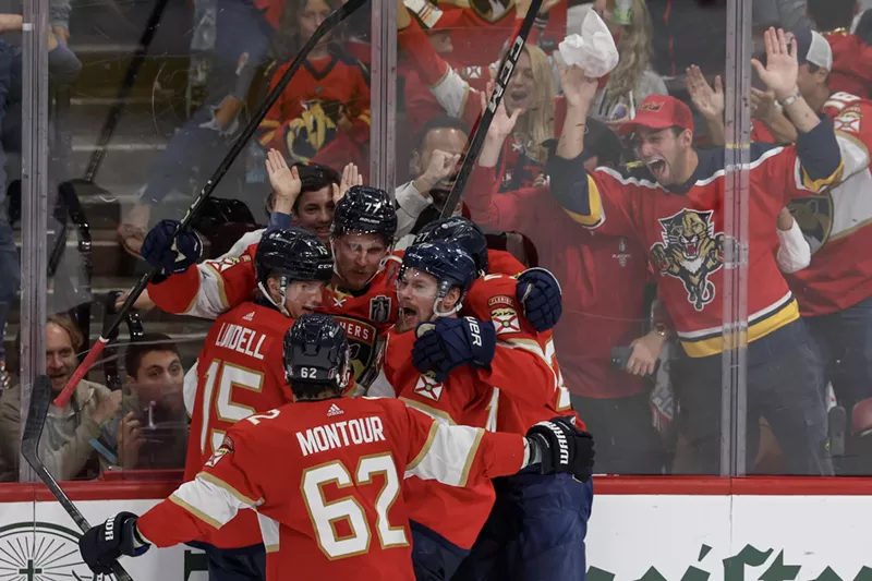 Image: Niko Mikkola of the Florida Panthers celebrates with teammates after scoring a goal against the Edmonton Oilers during the second period in Game Two of the 2024 Stanley Cup Final at Amerant Bank Arena on June 10, 2024.