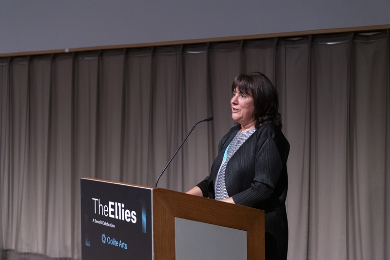 Oolite board chair Maria Elena Angulo speaking at the 2023 Ellies.