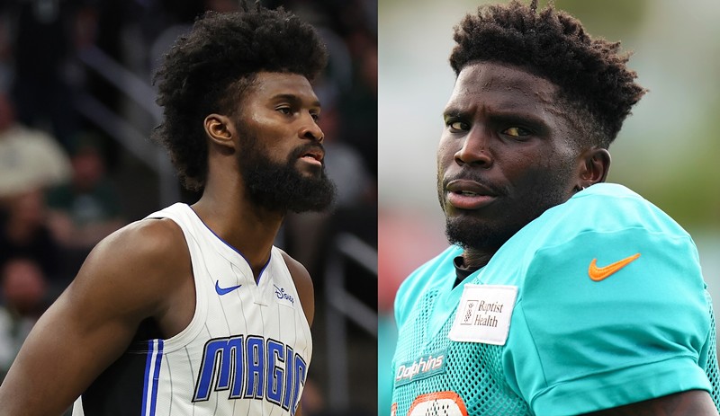 Jonathan Isaac (left) of the NBA's Orlando Magic and Tyreek Hill of the NFL's Miami Dolphins