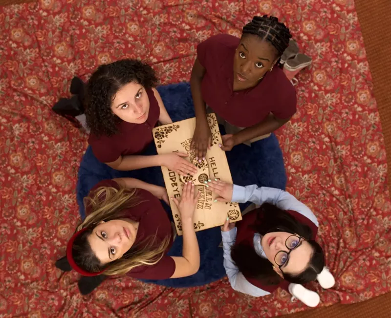 Image: The cast of Zoetic Stage's production of Our Dear Dead Drug Lord: Gina Fonseca (top left), Mikayla Queeley, Sofia Duemichen, and Rachel Eddy