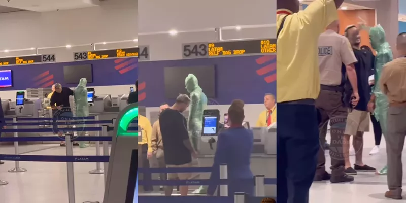 Image: Three screenshots of a person wrapped in green luggage wrap at the check-in counter, standing on the luggage scale, and being unwrapped with Miami-Dade police looking on.