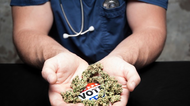 A person holding a small "vote" sticker surrounded by a handful of cannabis nuggets
