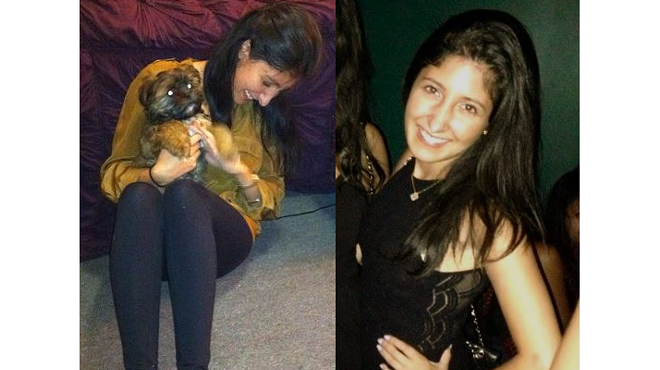 Side-by-side social media photos of a young woman smiling in a black dress and holding a small dog