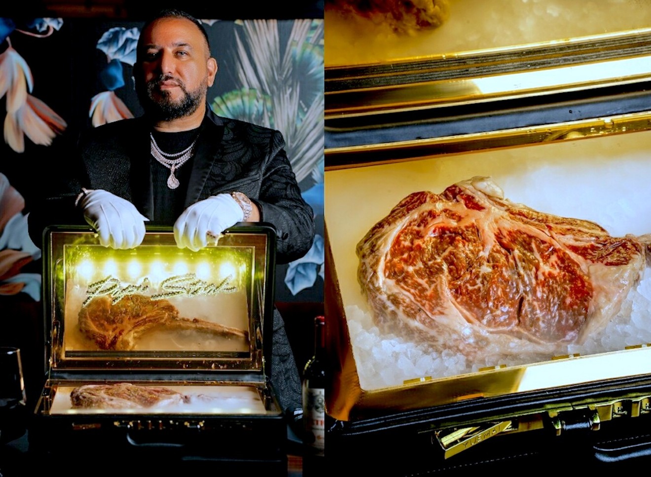 Papi Steak cofounder David "Papi" Einhorn models his steakhouse's $1,000 Beef Case.