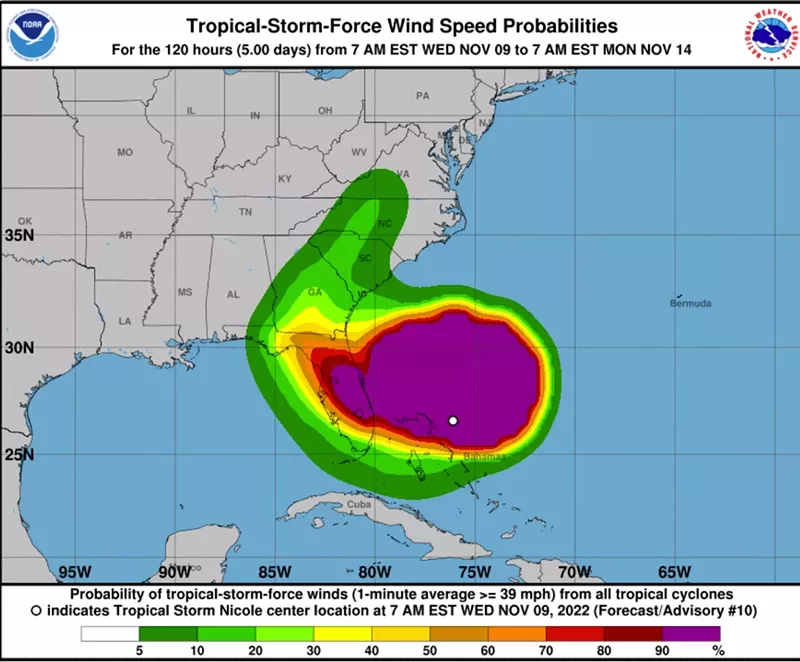 Image: Wind speed projections for Tropical Storm Nicole show she's a plus-size model and will likely cover much of Florida.