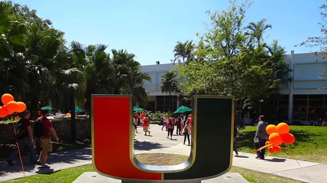Green and orange University of Miami sign on campus