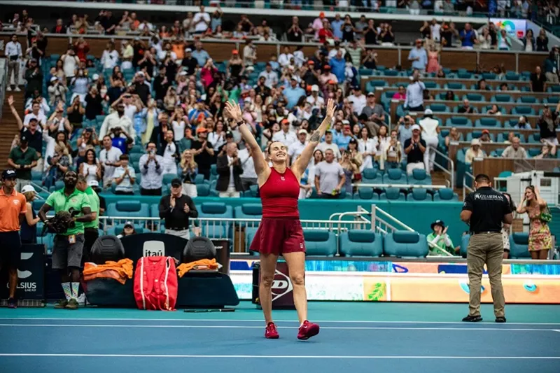 Image: Arena Sabalenka cheers after winning the Miami Open women's final
