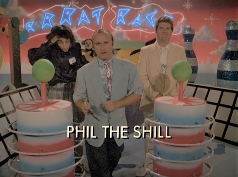 Image: A Miami Vice scene featuring Phil Collins, Emo Philips, and Michael Talbott.