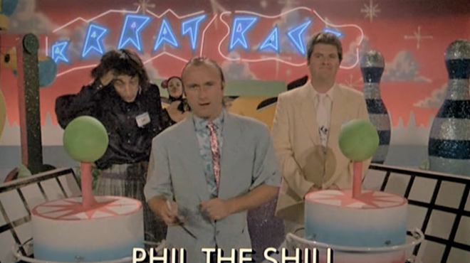 A Miami Vice scene featuring Phil Collins, Emo Philips, and Michael Talbott.