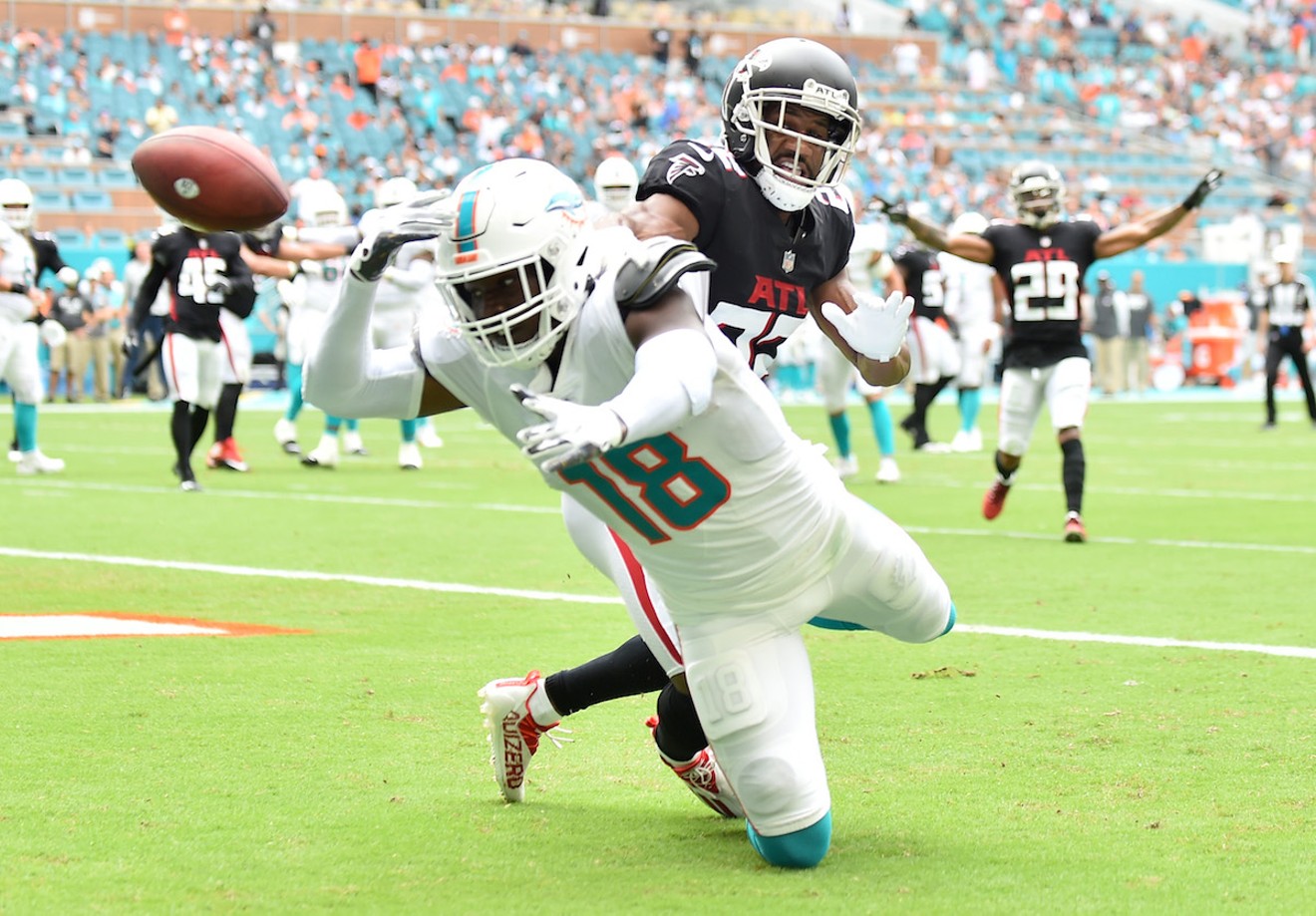 Atlanta Falcons' Jaylinn Hawkins breaks up a pass intended for Miami Dolphins' Preston Williams during the second quarter.