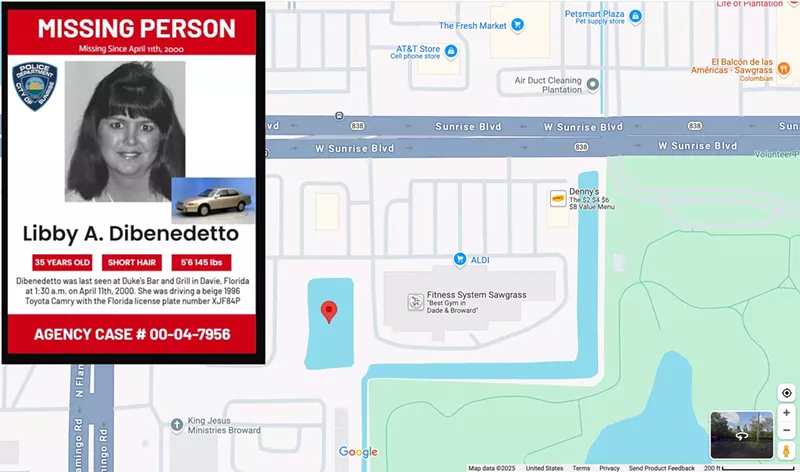 Image: composite graphic showing a police missing-person poster superimposed on a Google satellite view depicting the vicinity of N. Flamingo Road and W. Sunrise Boulevard in Plantation, Florida