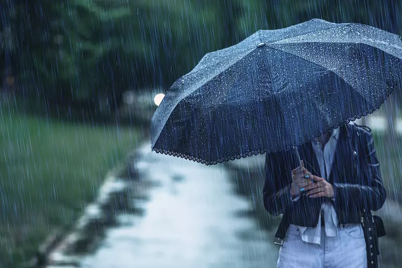 Image: gloomy rain scene with open umbrella
