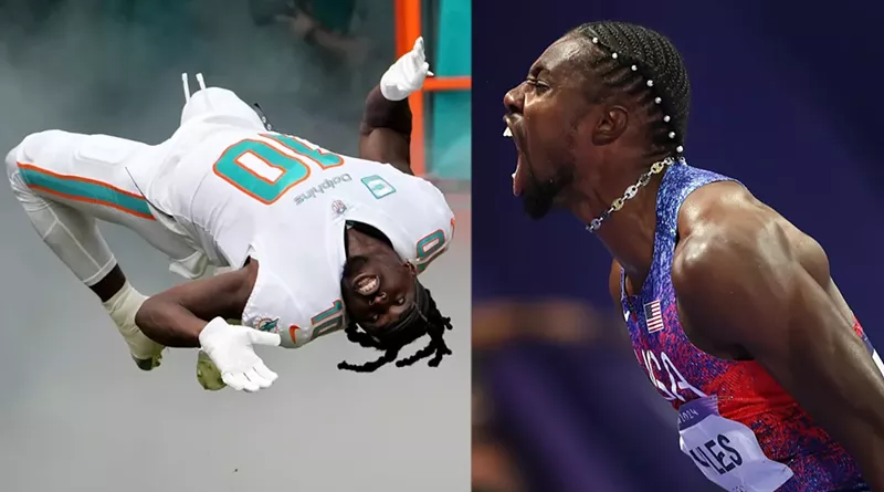 Image: Side-by-side photos of football player Tyreek Hill flipping upside-down on the field, and Olympian Noah Lyles yelling at the top of his lungs