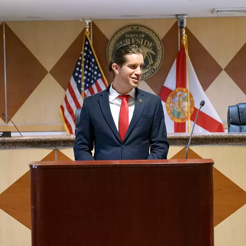 Image: Surfside Mayor Shlomo Danzinger appears at the swearing-in of the town's new police chief John Healy on February 10, 2023.