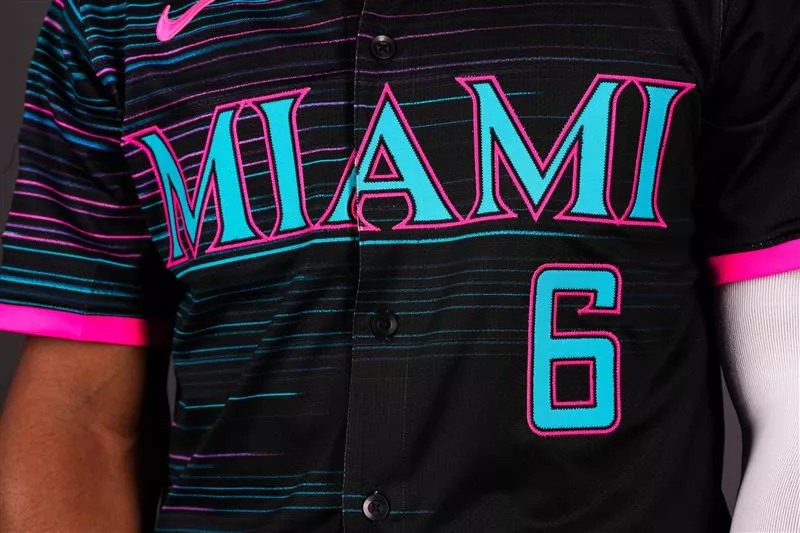 Image: detail of the front of the Miami Marlins' 2025 "Retrowave" City Connect jersey
