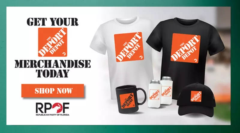 Image: collage of images featuring T-shirts, drinking vessels, and other "The Deport Depot" merch sold by the Republican Party of Florida