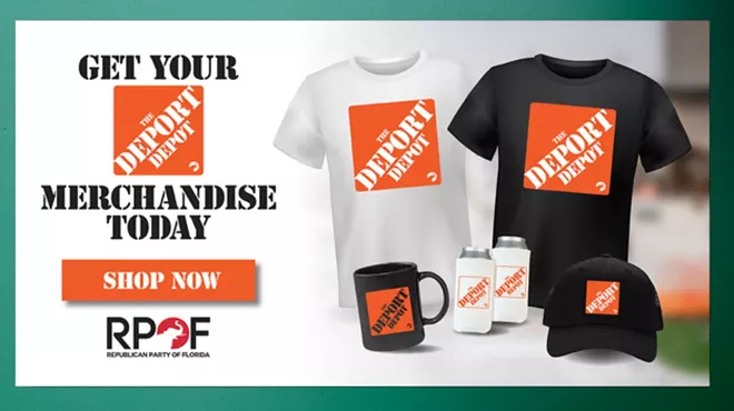 collage of images featuring T-shirts, drinking vessels, and other "The Deport Depot" merch sold by the Republican Party of Florida