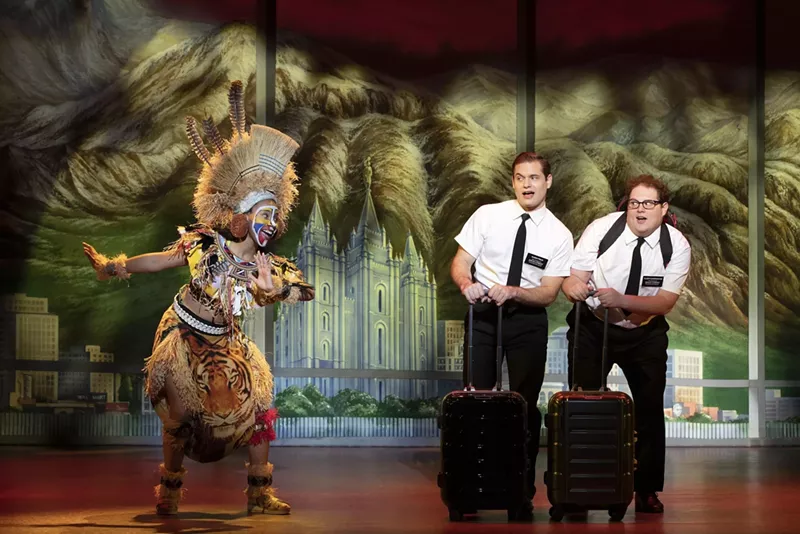 Image: The three cast members of the Broadway musical The Book of Mormon
