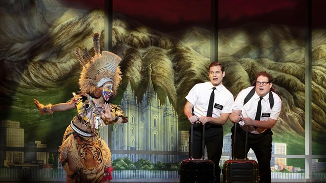 The three cast members of the Broadway musical The Book of Mormon