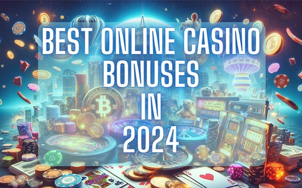 Guide to the best casino bonuses in 2024 featuring casino chips, cards, and digital currencies.