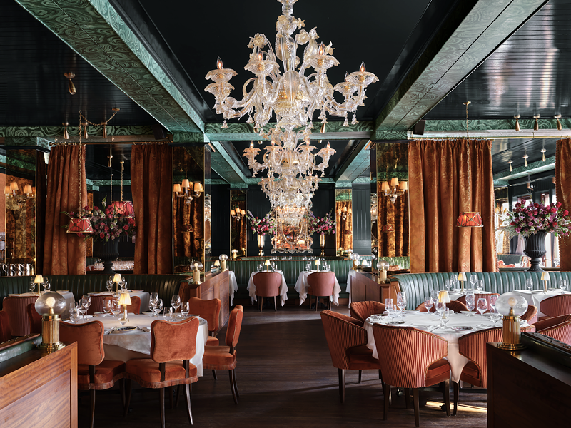 Image: Carbone Miami Beach's opulent dining room with chandelier