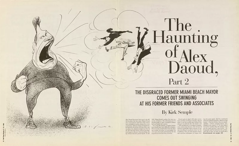 Image: screenshot of a black-and-white opening spread for a longform story in an alt-weekly, featuring an illustration by political cartoonist Steve Brodner