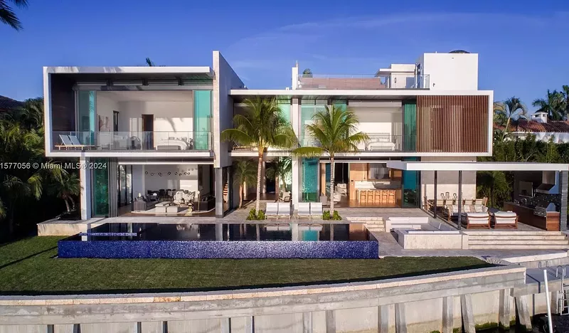 Image: photo of the exterior of 428 S. Hibiscus Dr., a contemporary manse designed by architect Ralph Choeff and built in 2017 on Hibiscus Island, Miami Beach