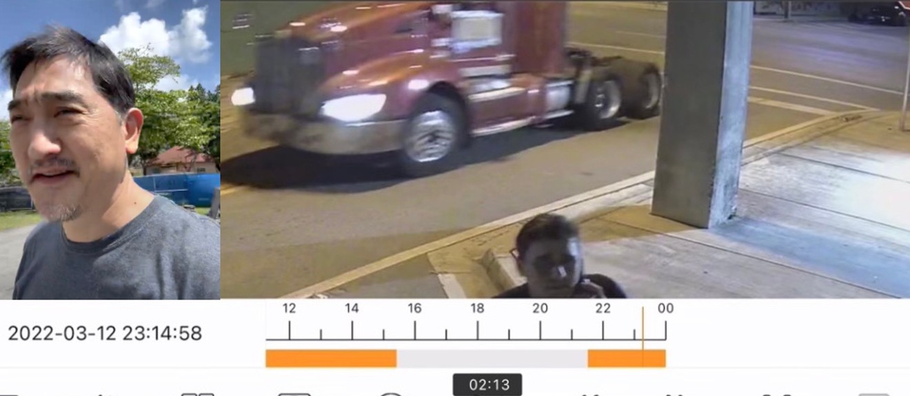 Kevin Aoki (left) and a surveillance capture of the semi-truck he believes proceeded to steal a shipping container loaded with family heirlooms bound for Oahu.