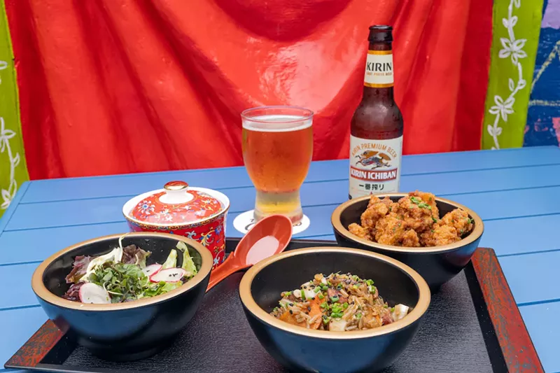 Image: An all-you-can-eat bento box awaits with miso, salad, fried rice, and your choice of entrée.