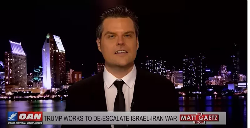 Image: Matt Gaetz on his show with the banner, 'Trump works to de-escalate Israel-Iran War."