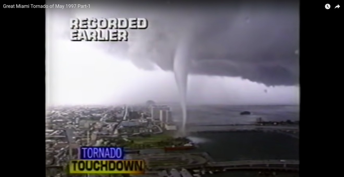 Contemporary television coverage of the Great Miami Tornado of 1997 that sped through downtown Miami.