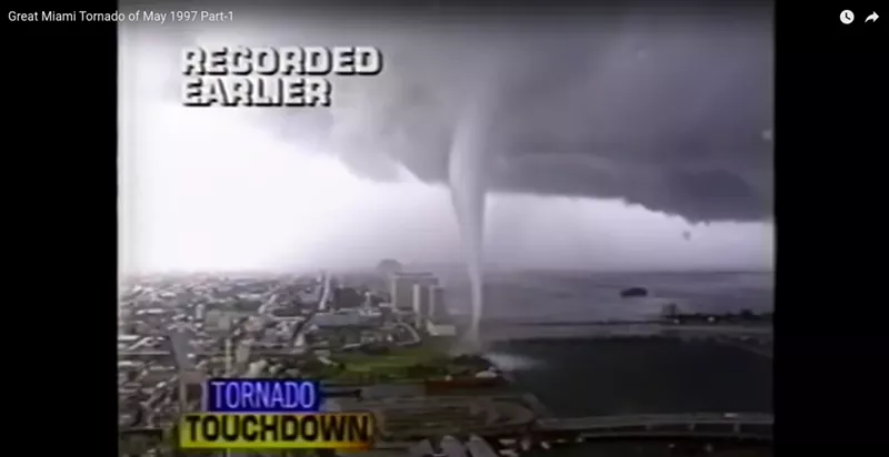 Image: Contemporary television coverage of the Great Miami Tornado of 1997 that sped through downtown Miami.