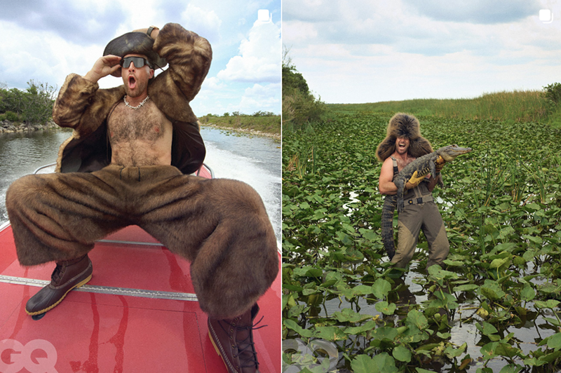 Image: collage shows Travis Kelce riding in an airboat on the left and holding a gator in the Everglades on the right